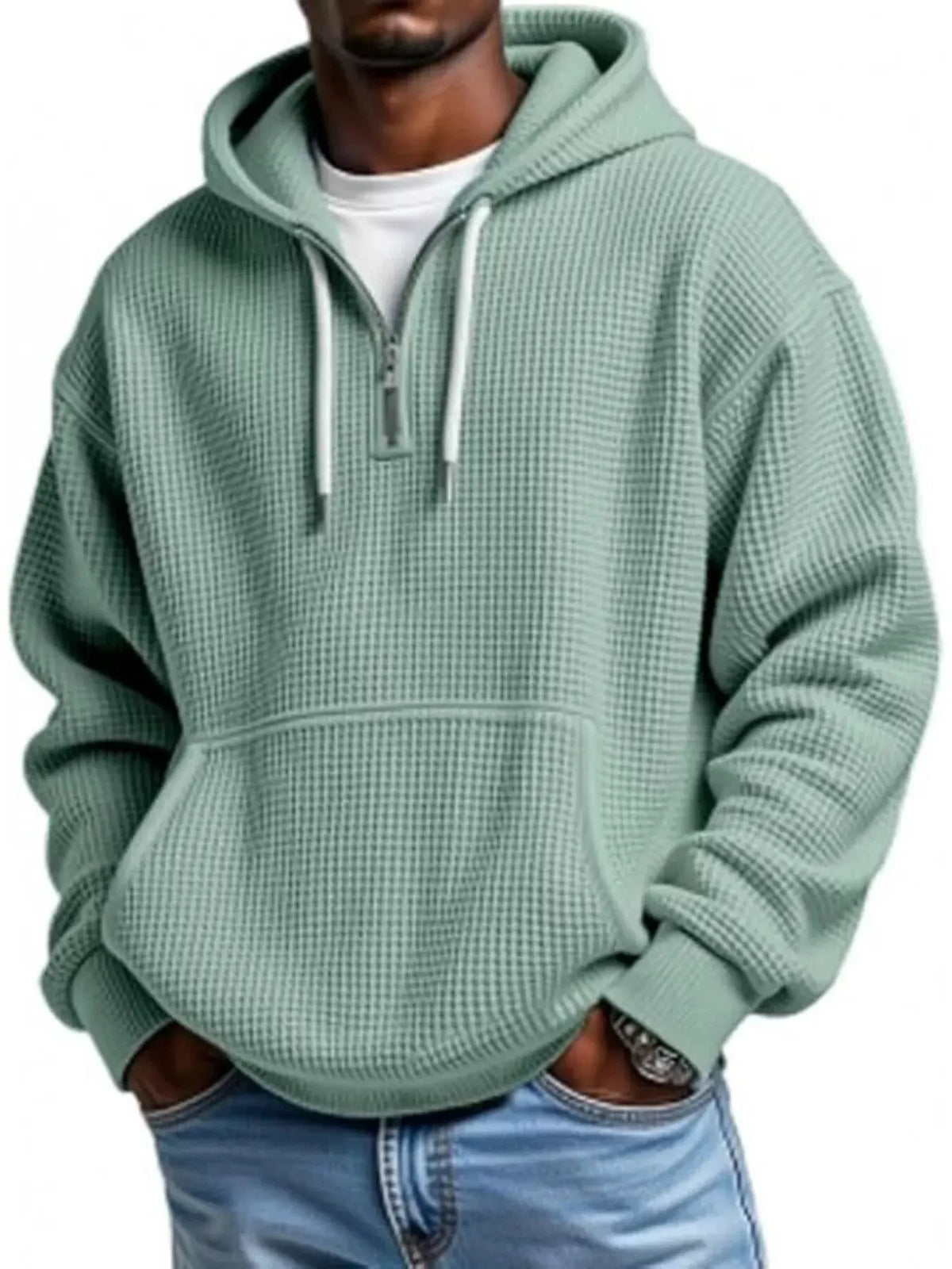 Men's Full Size Waffle Knit Quarter Zip Hoodie Plus Size by Trendsi