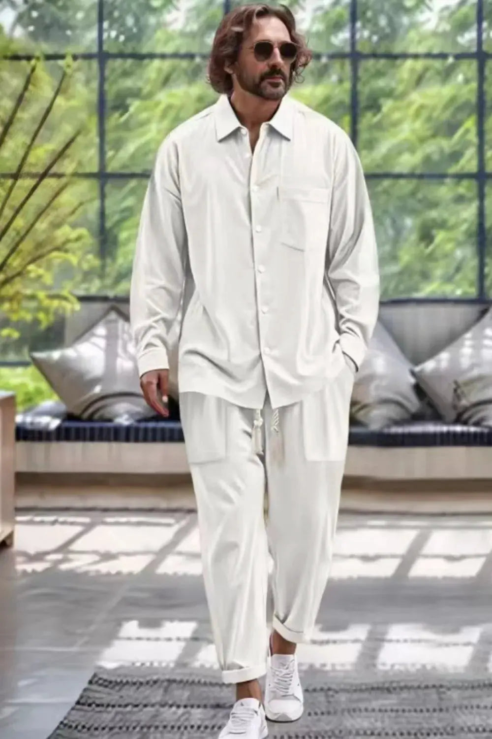 Men's Collared Neck Long Sleeve Top and Pants Set Plus Size by Trendsi