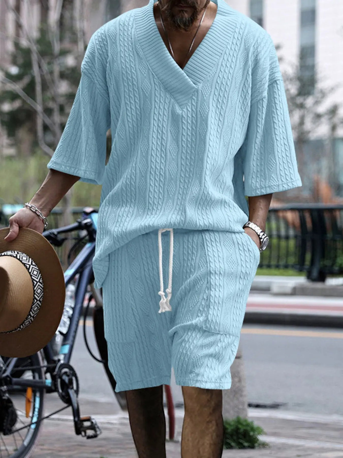 Men's Full Size Casual Knit V-Neck Short Sleeve Top and Shorts Set Plus Size by Trendsi