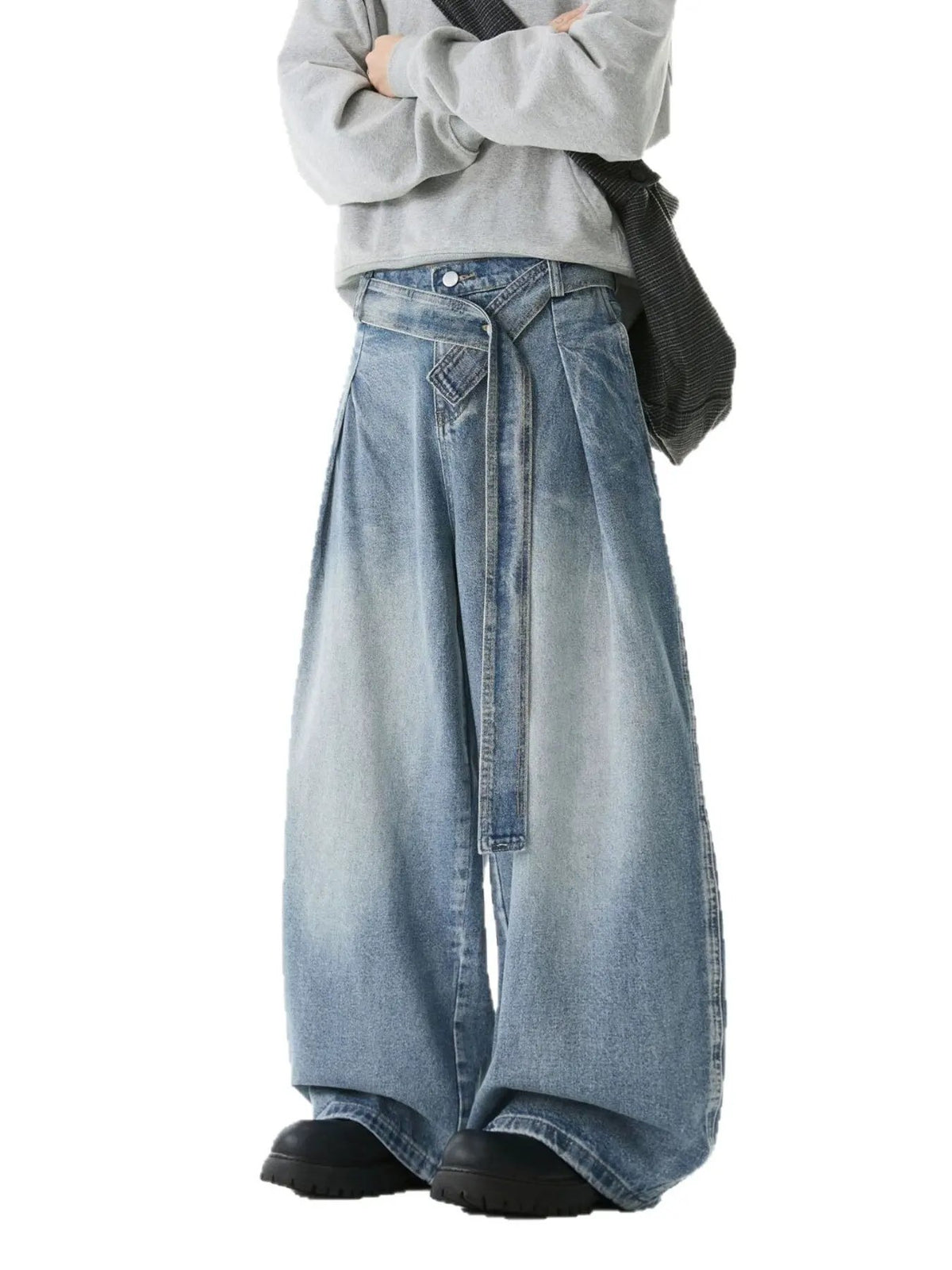 Men's Full Size Wash Belted Wide Leg Jeans Plus Size by Partner Label
