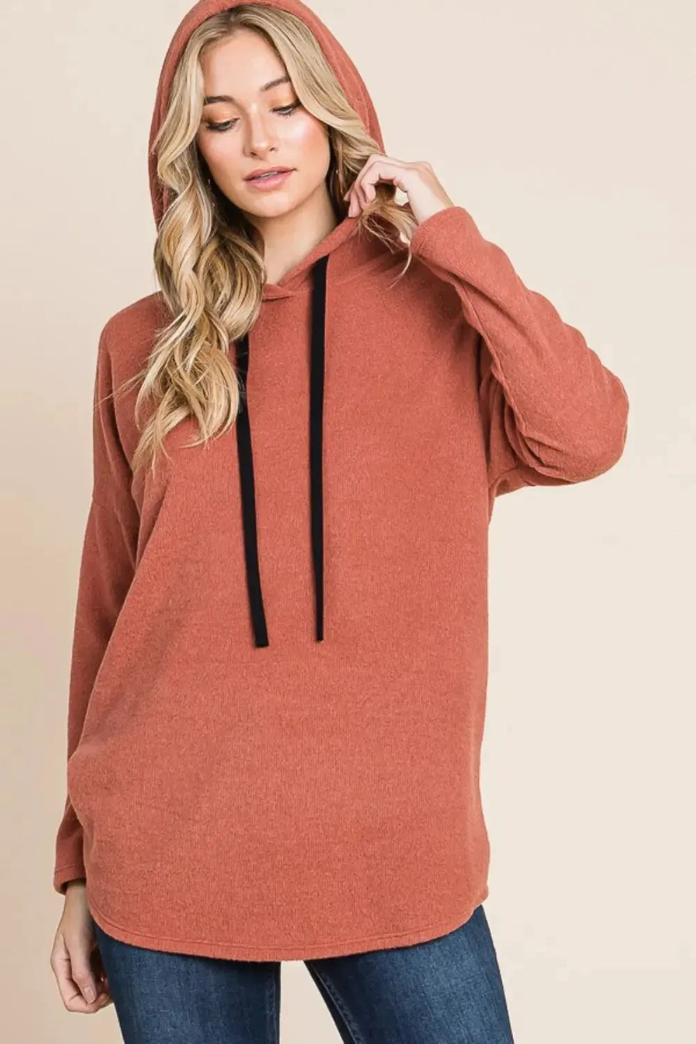 BOMBOM Contrast Drawstring Drop Shoulder Knit Hoodie by BOMBOM