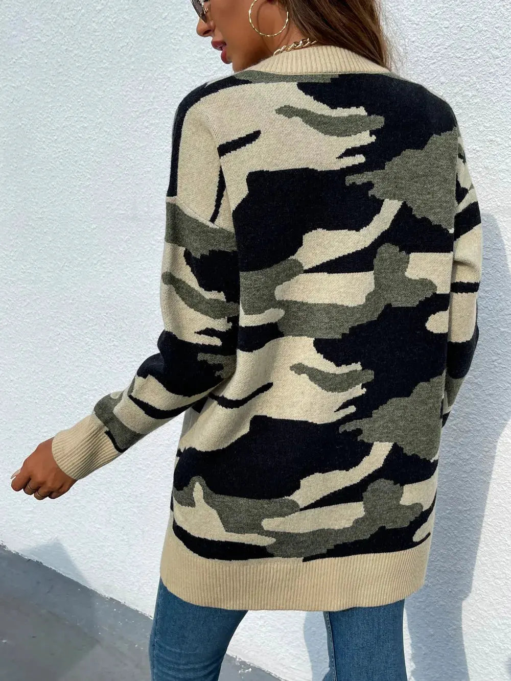 Camouflaged Dropped Shoulder Open Front Cardigan by Partner Label