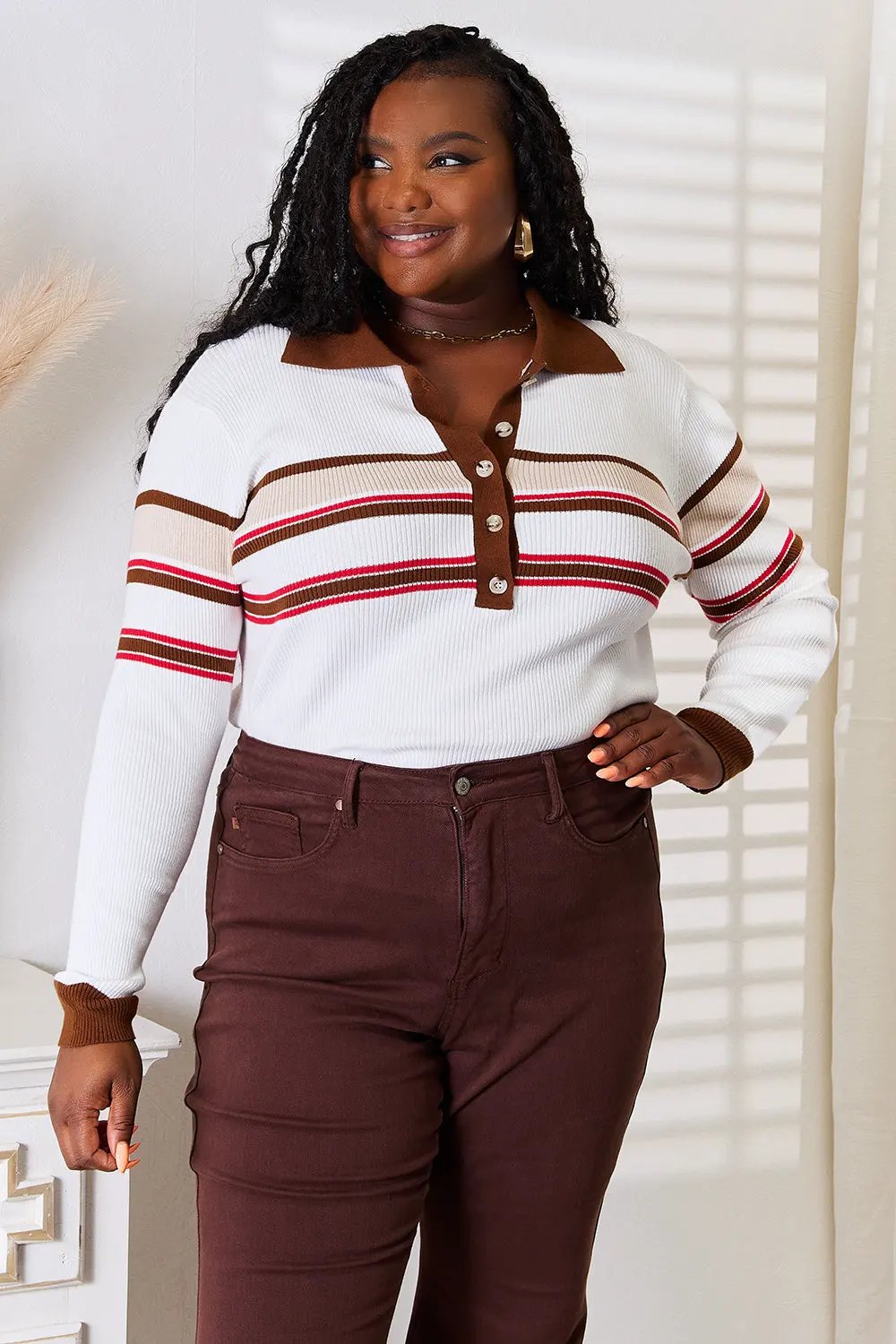Basic Bae Striped Collared Neck Rib-Knit Top by Basic Bae