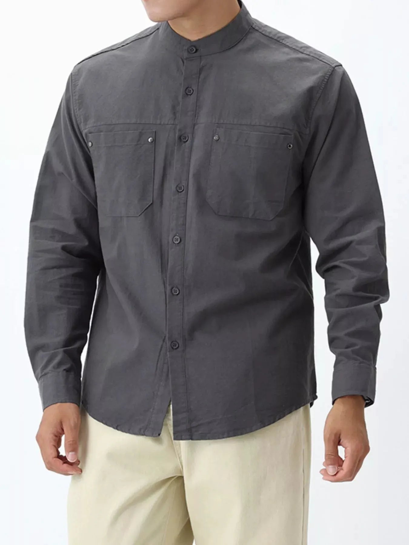 Men's Plus Size Casual Long Sleeve Shirt with Double Chest Pockets by Trendsi