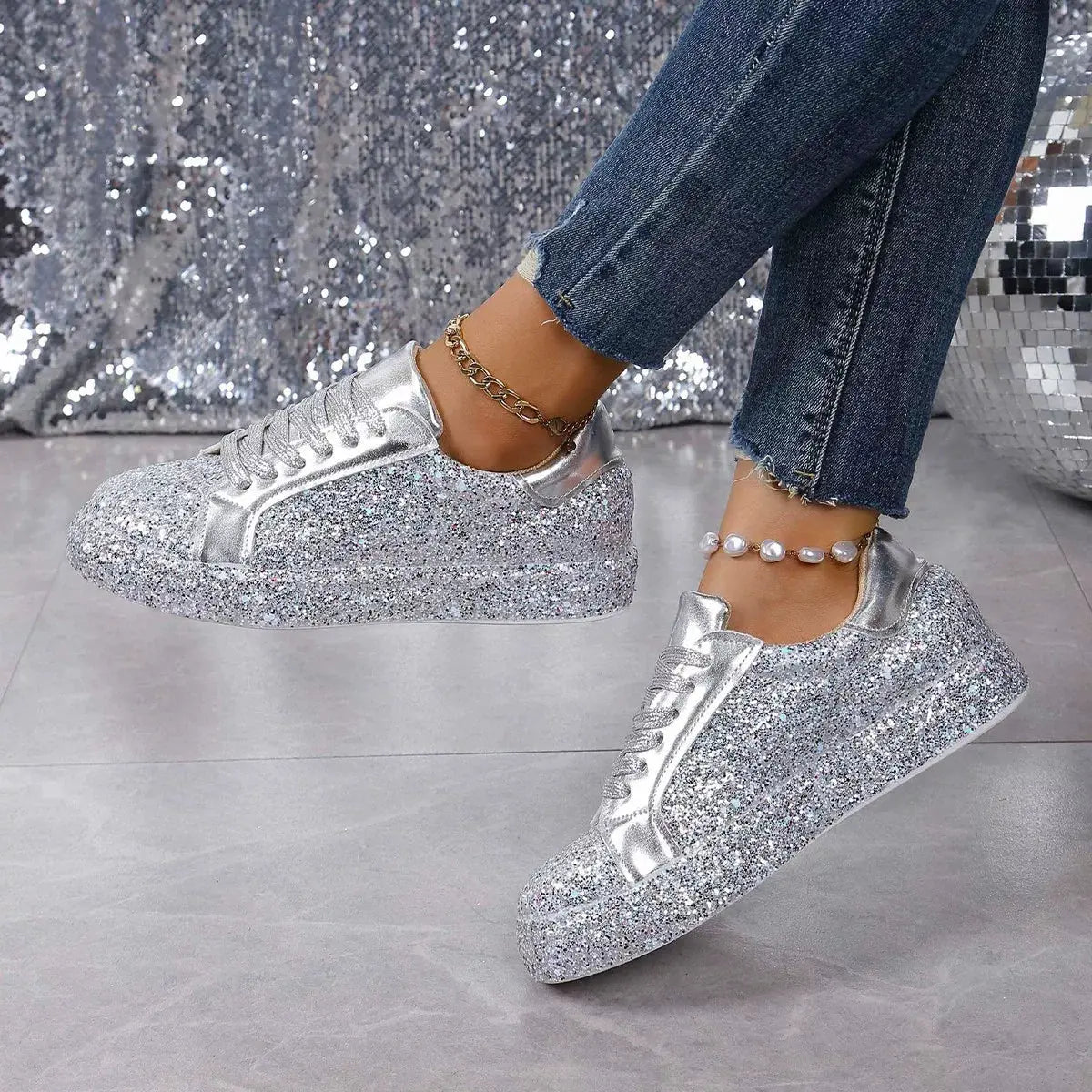 Sequin Lace Up Sneakers by Partner Label