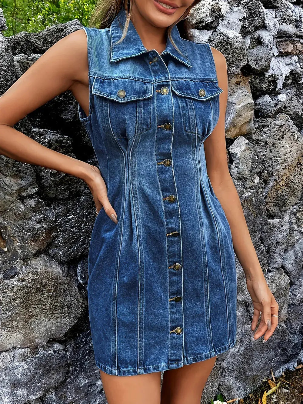 Pocketed Button Up Sleeveless Denim Dress by Partner Label