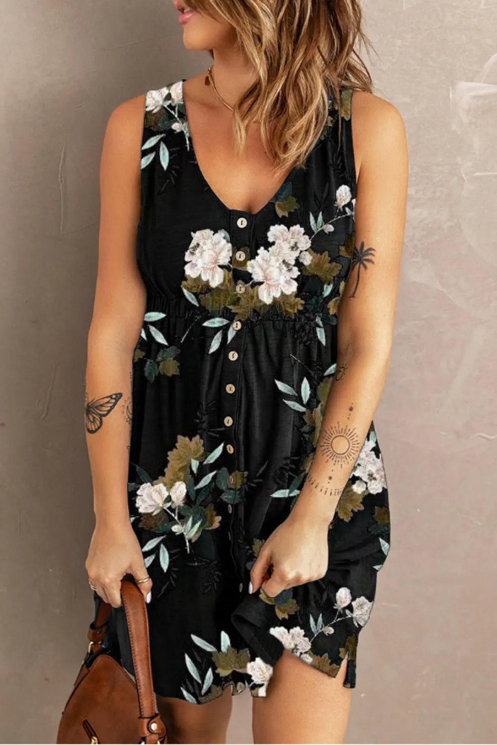 Double Take Printed Scoop Neck Sleeveless Buttoned Magic Dress with Pockets by Double Take