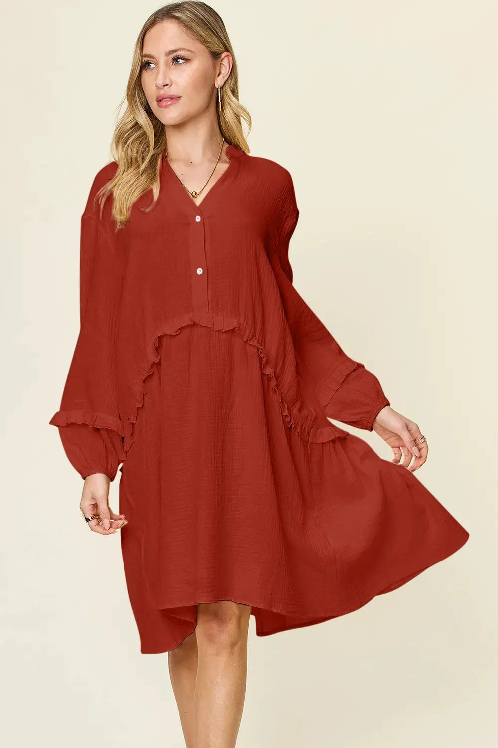 Double Take Full Size Texture Half Button Ruffle Trim Dress by Double Take