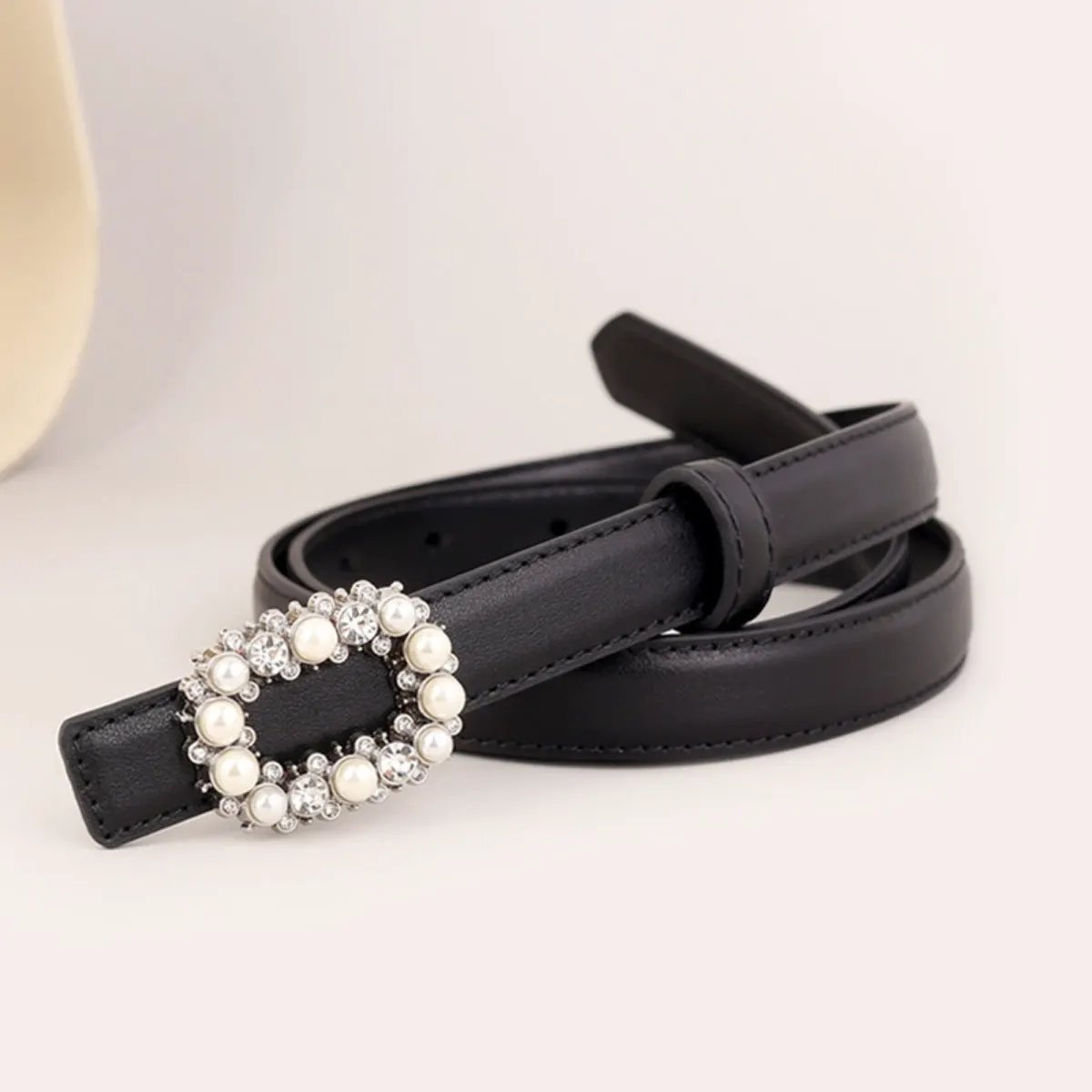 Pearl Buckle Leather Belt by Trendsi