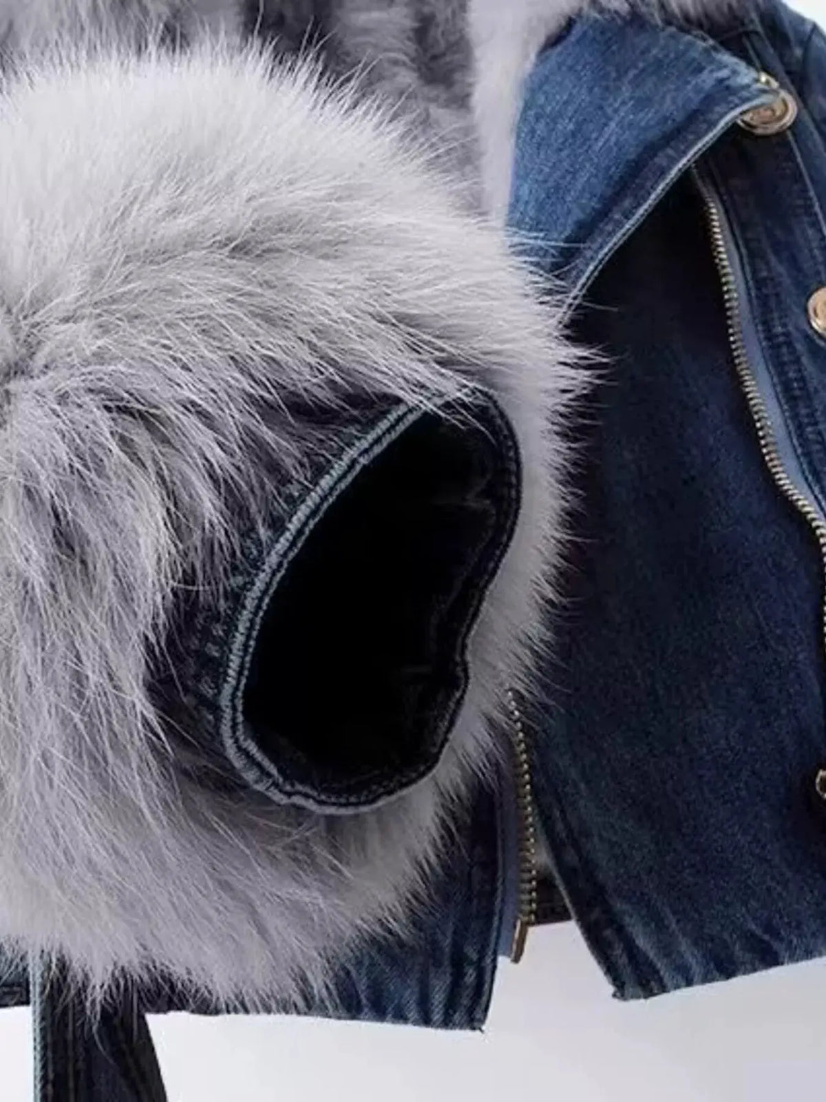 Full Size Faux Fur Collar Denim Jacket Plus Size by Partner Label
