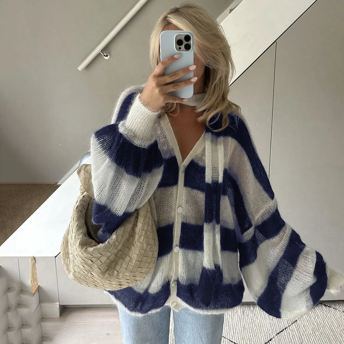 Loose And Idle Striped Sweater Cardigan With Scarf by Maiden-Art