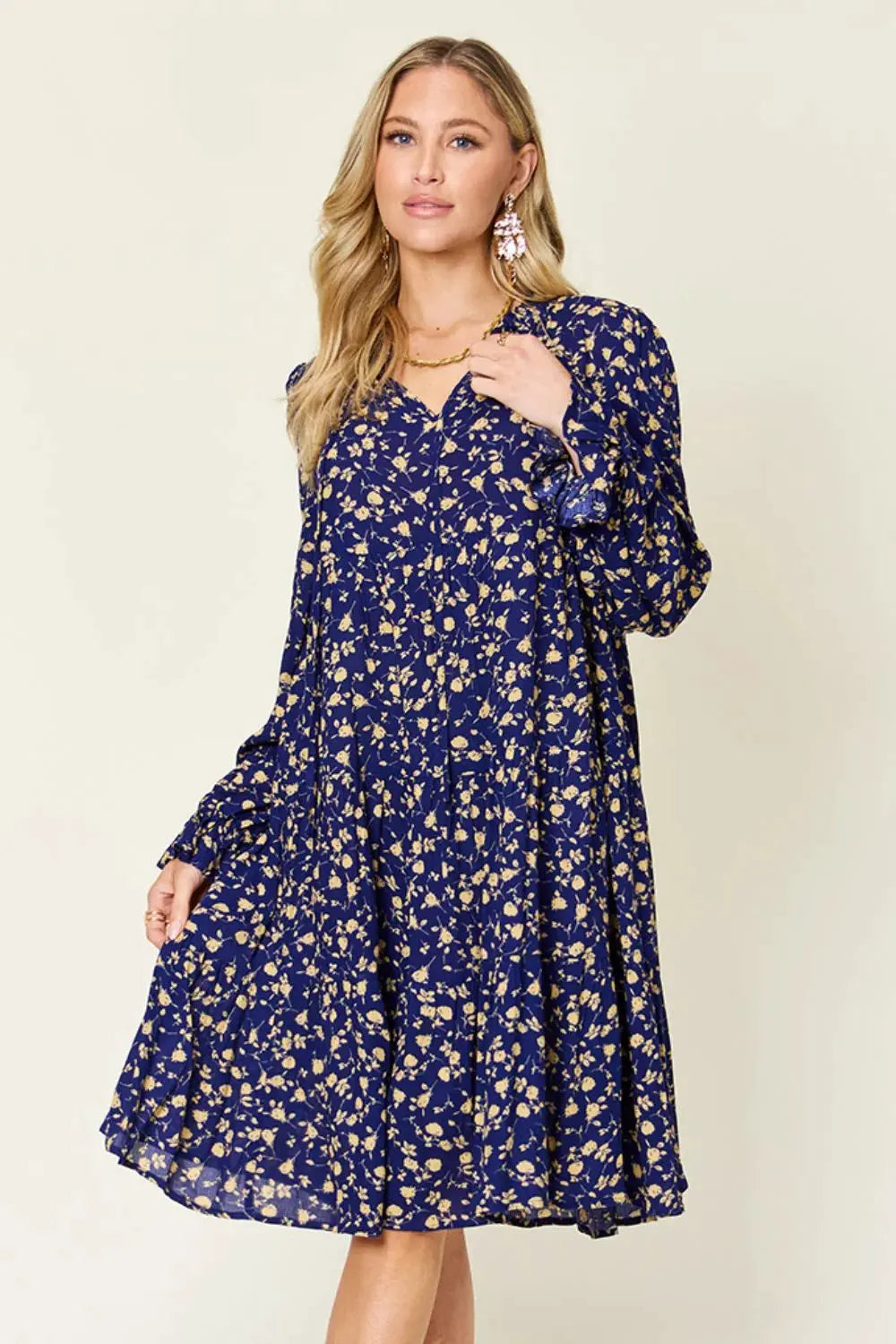 Double Take Full Size Printed Ruffle Hem Long Sleeve Tiered Dress by Double Take