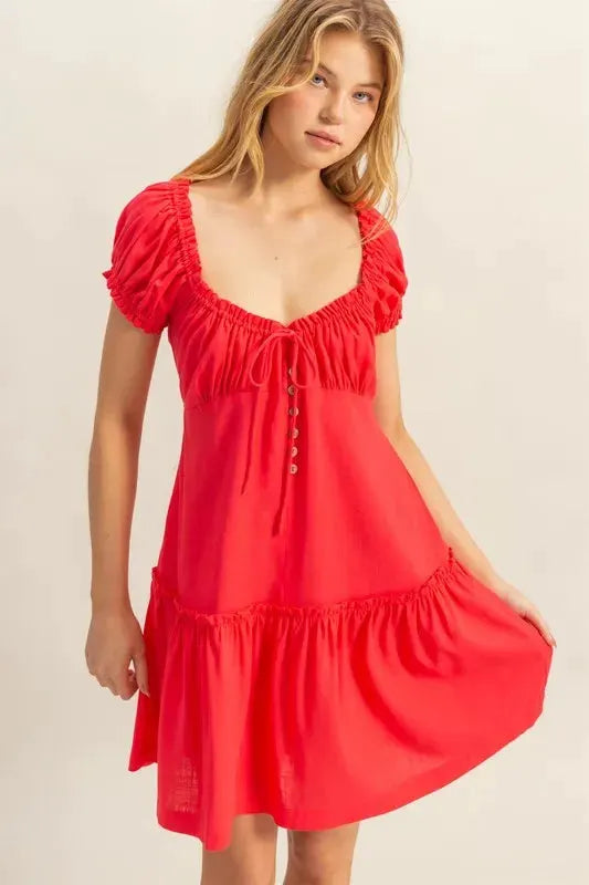 HYFVE Ruched Frill Tiered Short Sleeve Mini Dress by HYFVE