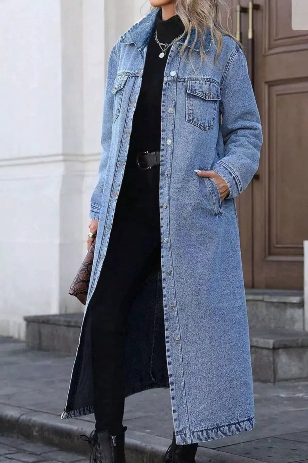Longline Button-Front Denim Jacket by Partner Label
