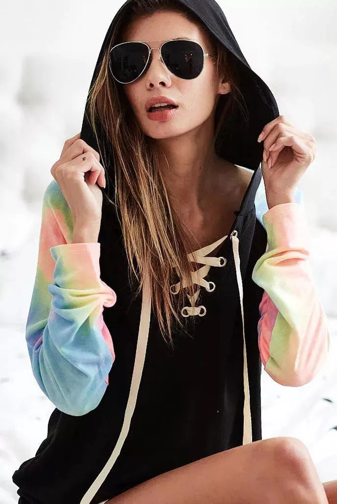 BiBi French Terry Lace Up Hoodie With Tie Dye Sleeves by BiBi