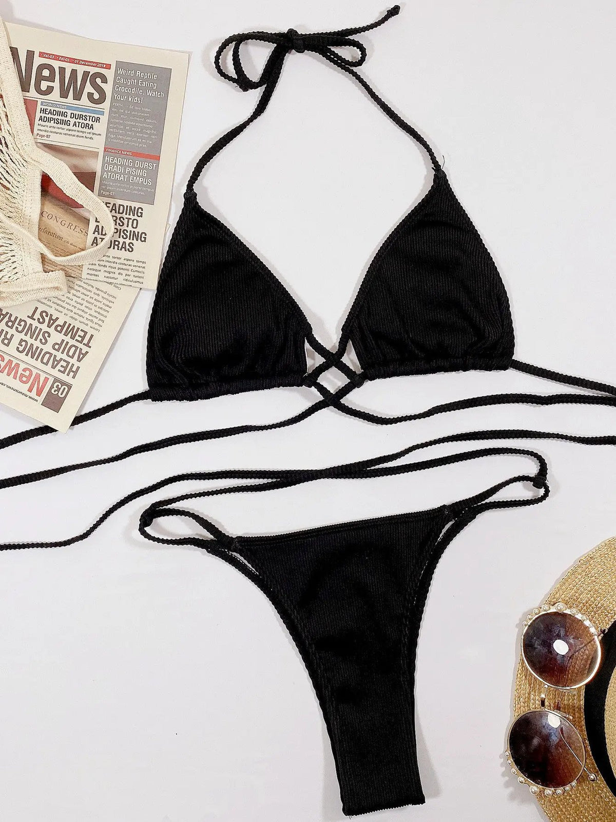 Halter Neck Crisscross Ribbed Bikini Set by Partner Label