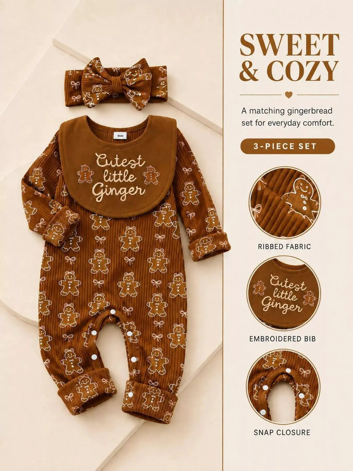 Children's Gingerbread Print Jumpsuit with Headband by Trendsi