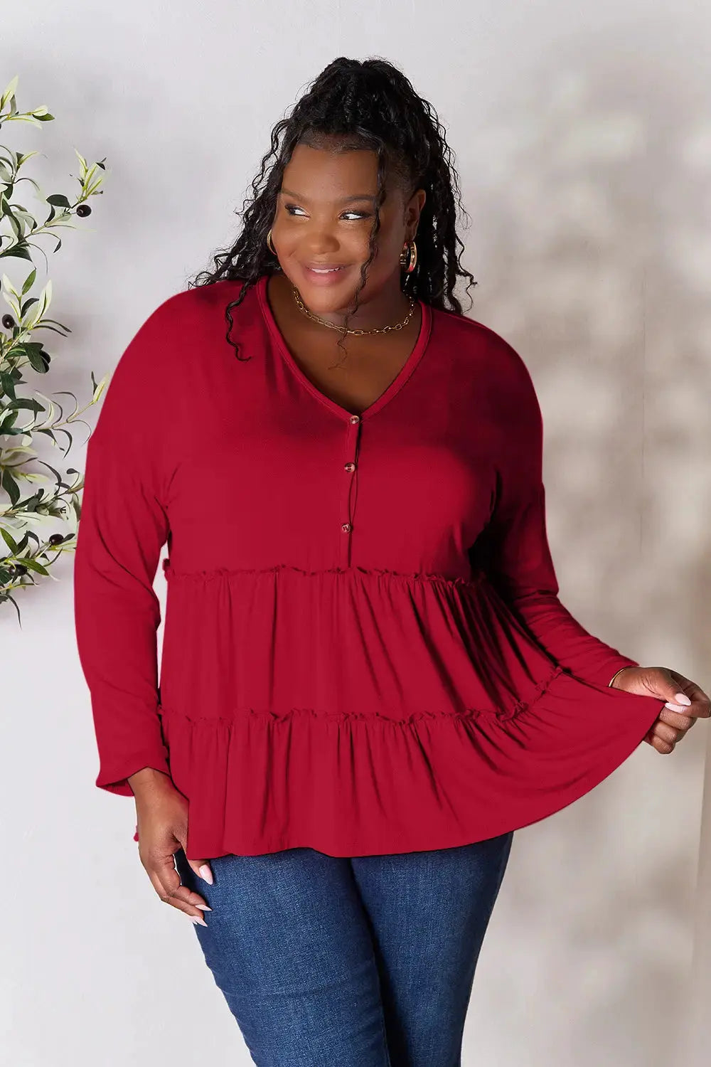 Double Take Half Button Long Sleeve Ruffle Hem Blouse by Double Take