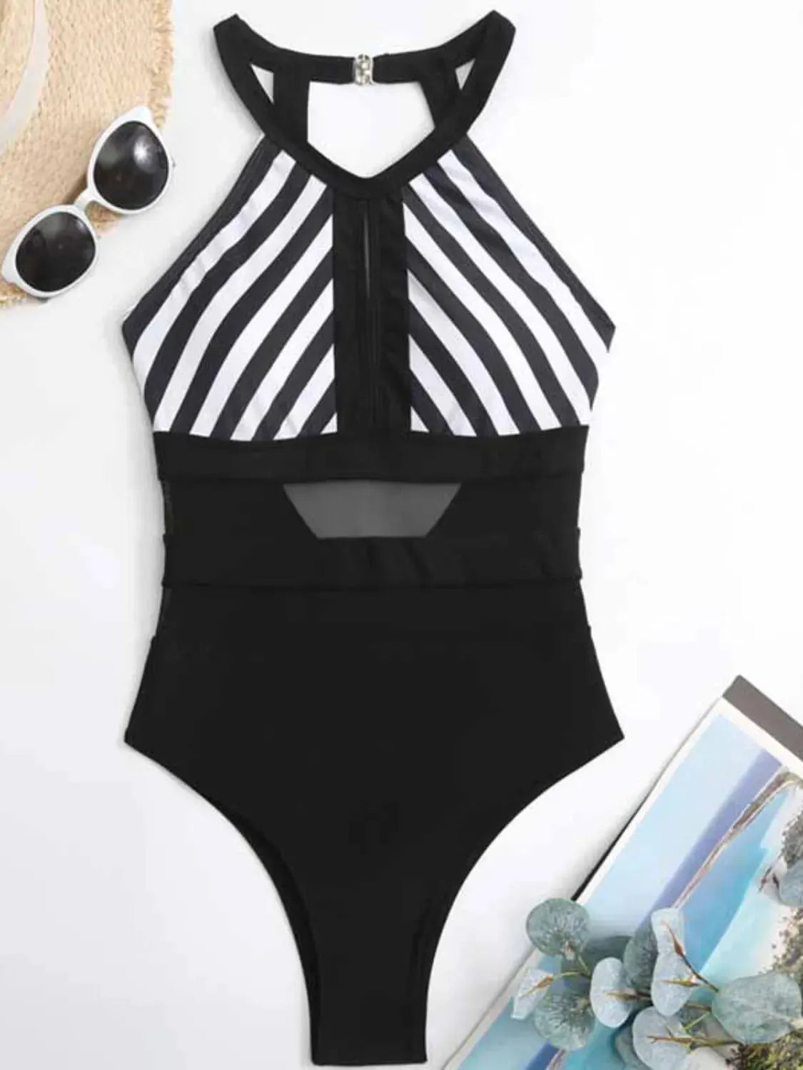 Mesh Detail Backless Striped One-Piece Swimsuit by Partner Label