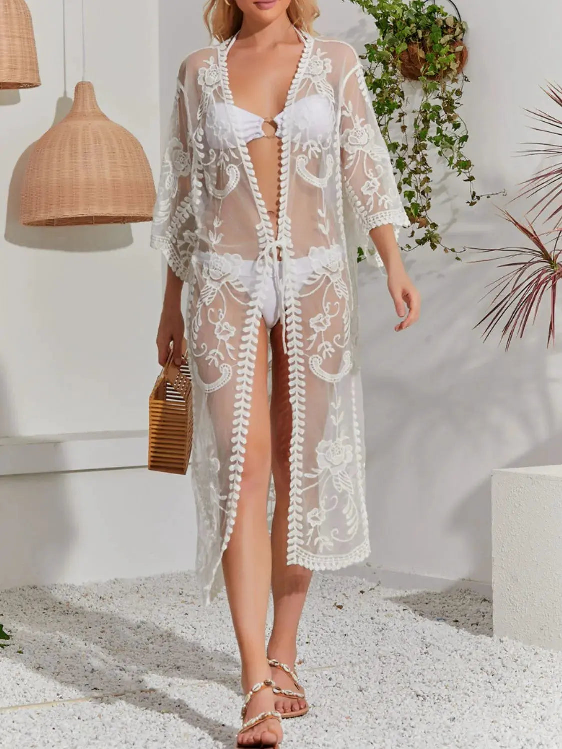 Lace Detail Open Front Longline Cover-Up by Partner Labels