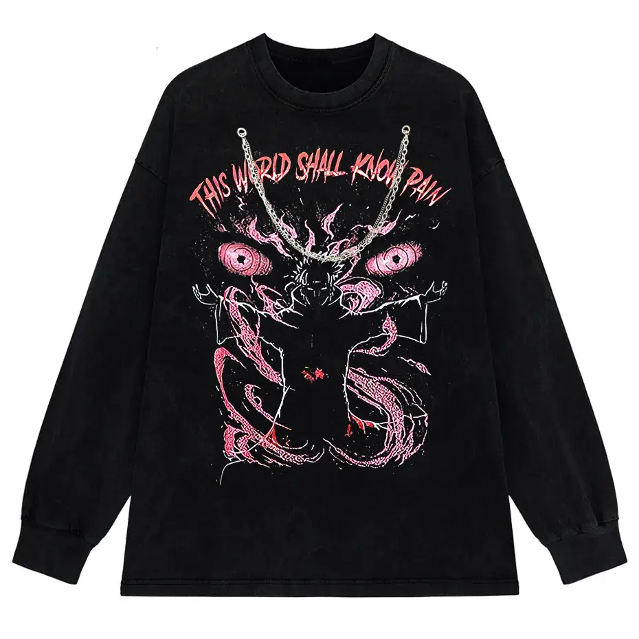 Anime Pain Print Vintage Washed T-Shirt 100% Cotton Harajuku Streetwear by Vimost Shop