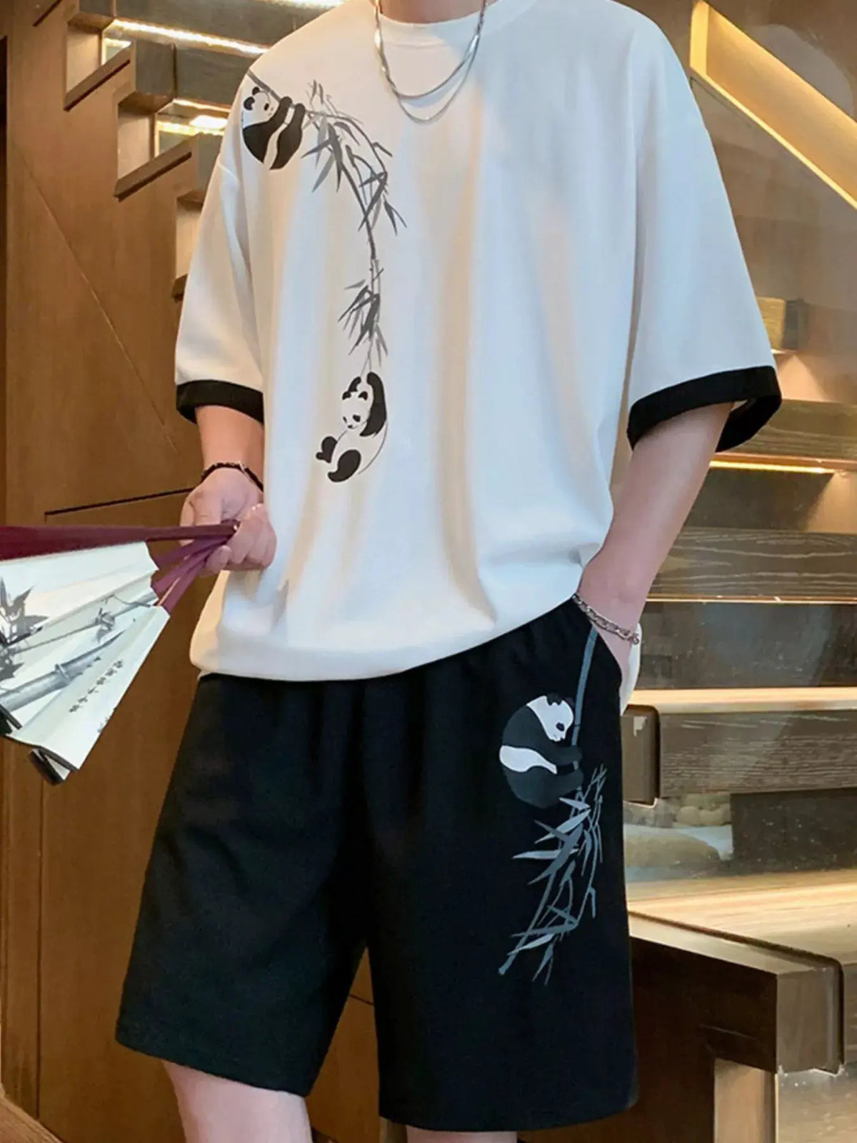 Men's Full Size Panda Bamboo Print Tee and Shorts Set Plus Size by Trendsi