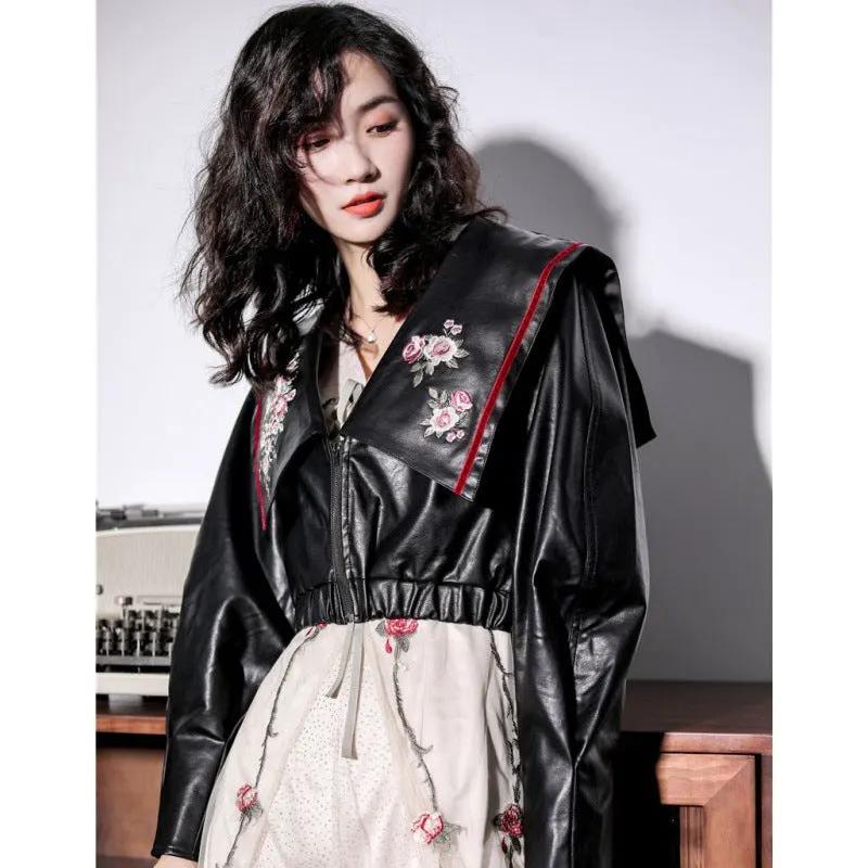 Women's Navy Collar Loose Short Small Leather Jacket by Maiden-Art