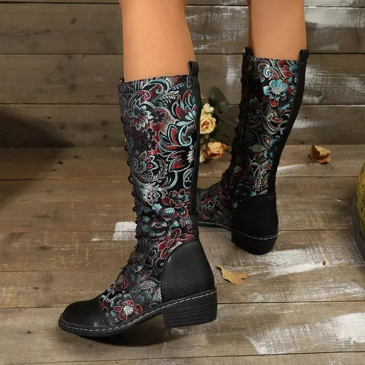 Embroidered Lace-Up Knee High Boots by Partner Label