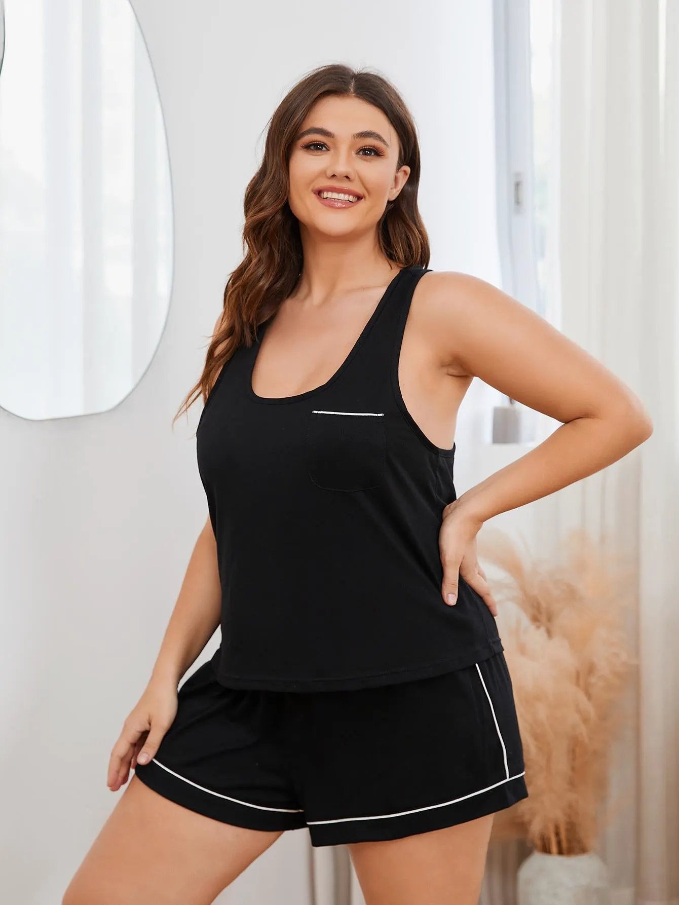Plus Size Contrast Piping Racerback Tank and Shorts Lounge Set by Partner Label