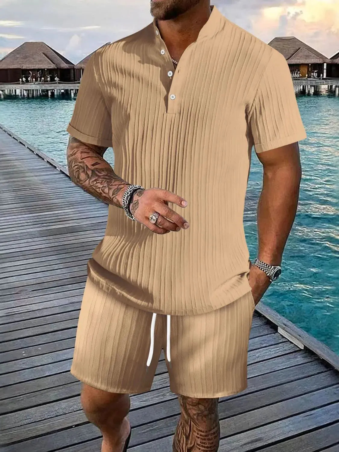 Men's Full Size Button Detail Short Sleeve Top and Shorts Set Plus Size by Trendsi