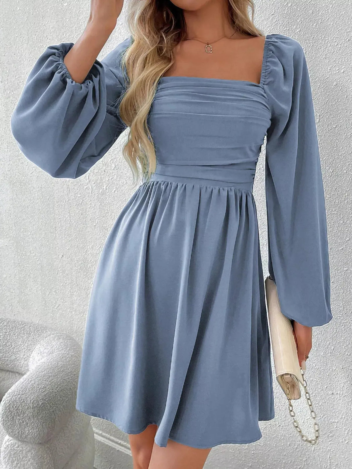 Ruched Square Neck Long Sleeve A-Line Dress by Partner Label