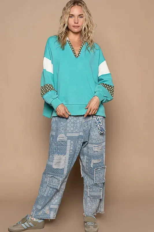 POL Exposed Seam Floral Patchwork French Terry Hoodie by POL
