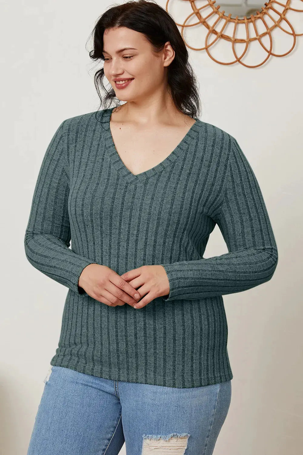 Full Size Ribbed V‑Neck Long Sleeve T‑Shirt | Partner Labels Selection by Partner Label