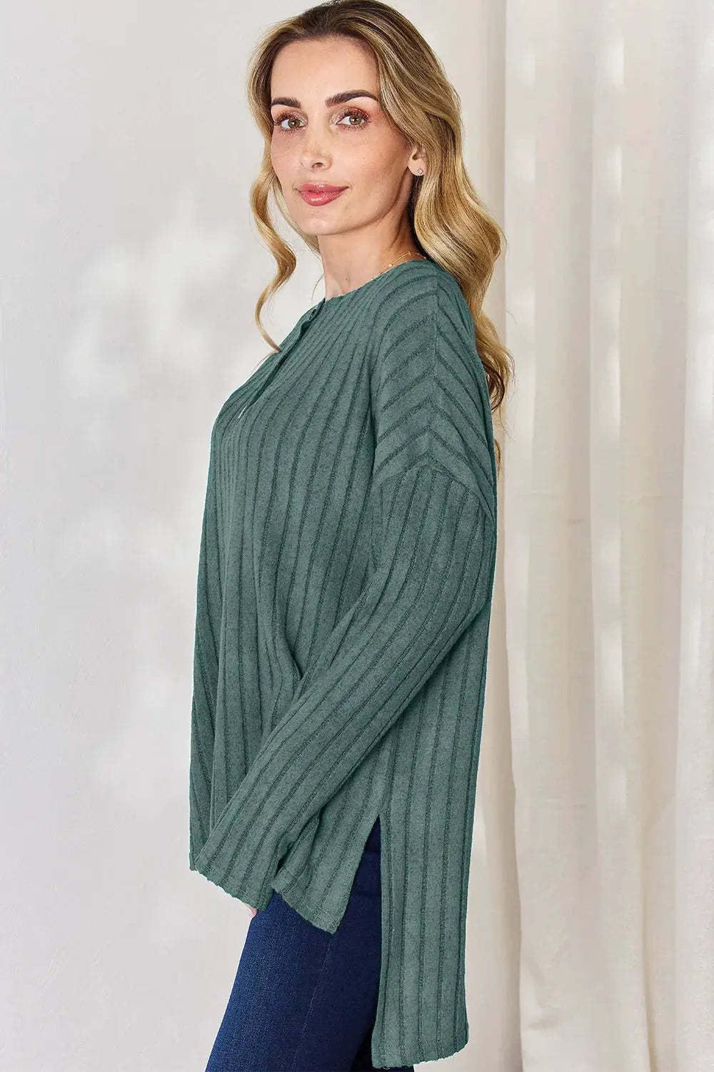 Basic Bae Full Size Ribbed Half Button Long Sleeve High-Low T-Shirt by Basic Bae