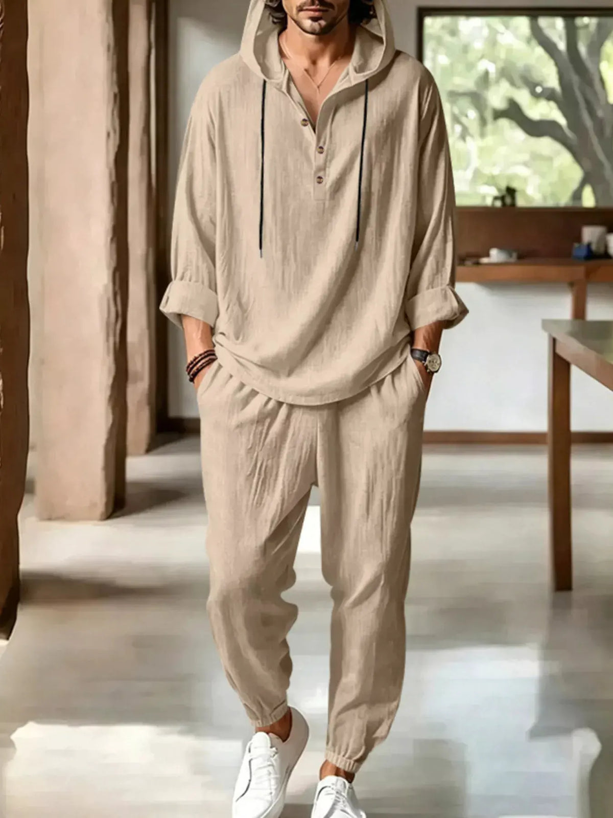 Men's Full Size Casual Button Detail Hooded Top and Pants Set Plus Size by Partner Label