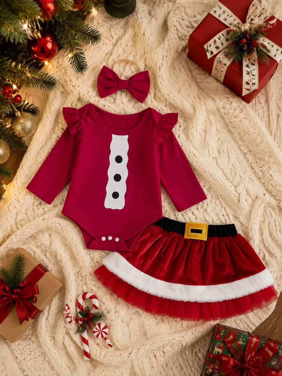 Children's Christmas Long Sleeve Bodysuit and Skirt Set with Bow Headband by Trendsi