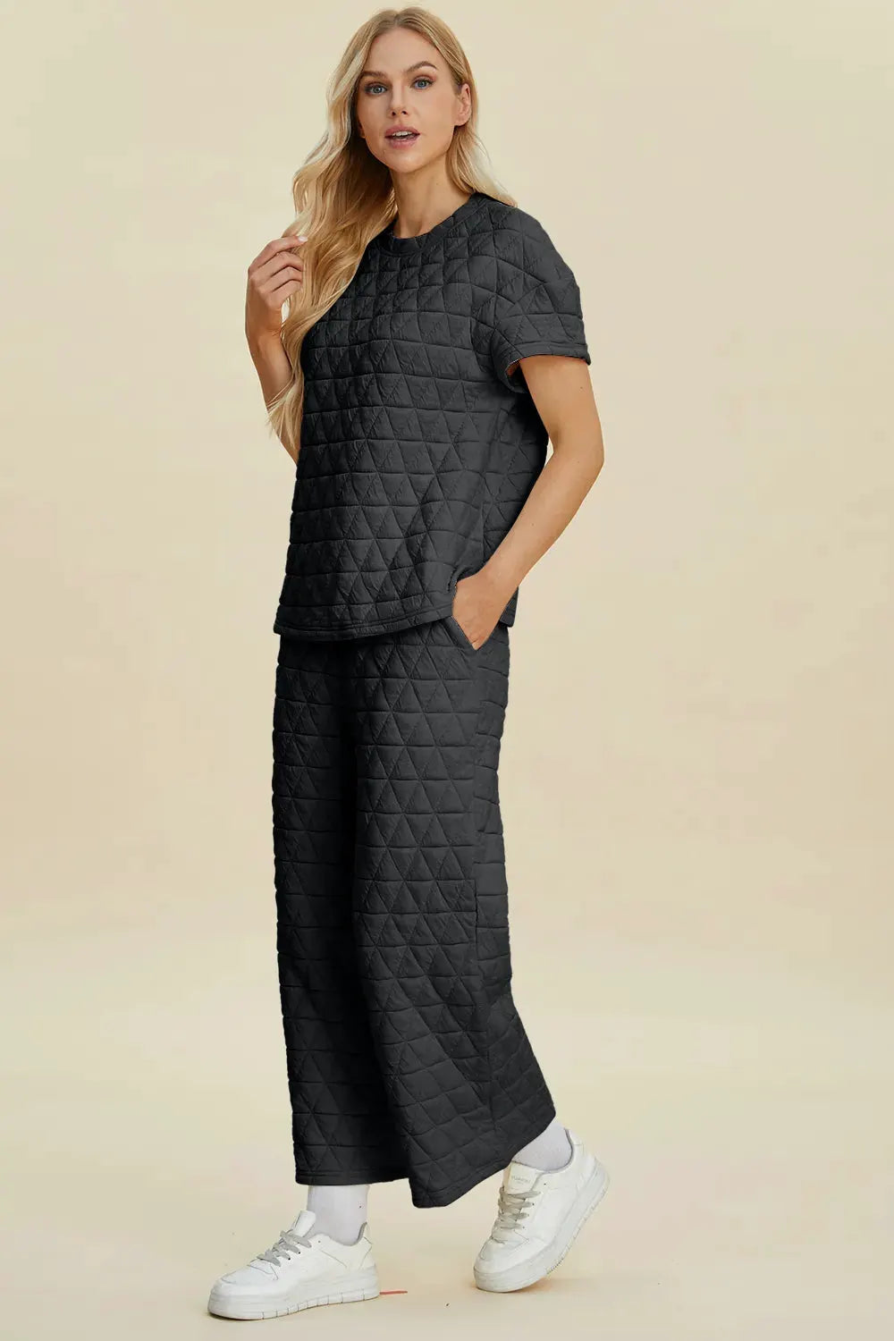 Double Take Full Size Texture Round Neck Short Sleeve Top and Pants Set by Double Take