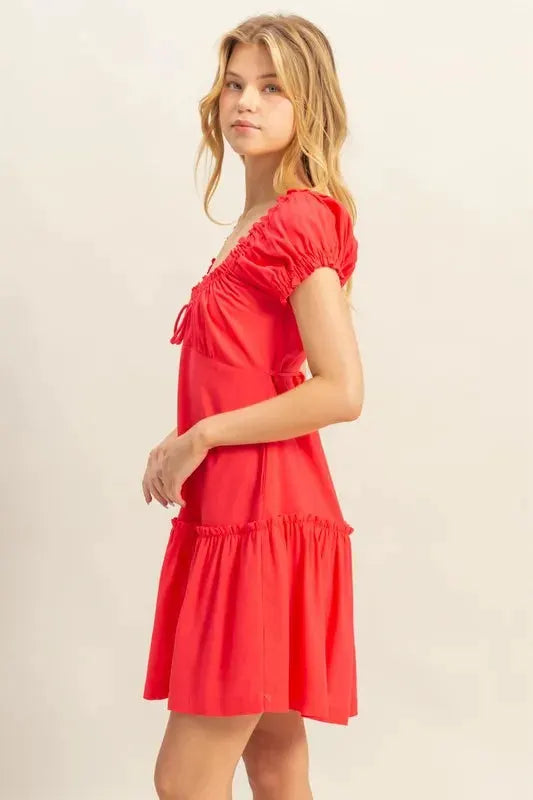 HYFVE Ruched Frill Tiered Short Sleeve Mini Dress by HYFVE