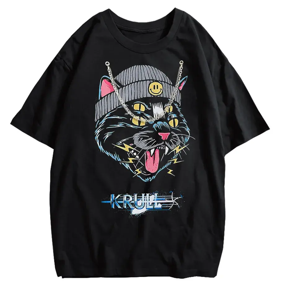 Hip Hop Oversized Cat Graphic T-Shirt Washed Cotton Streetwear Harajuku Tee by Vimost Shop