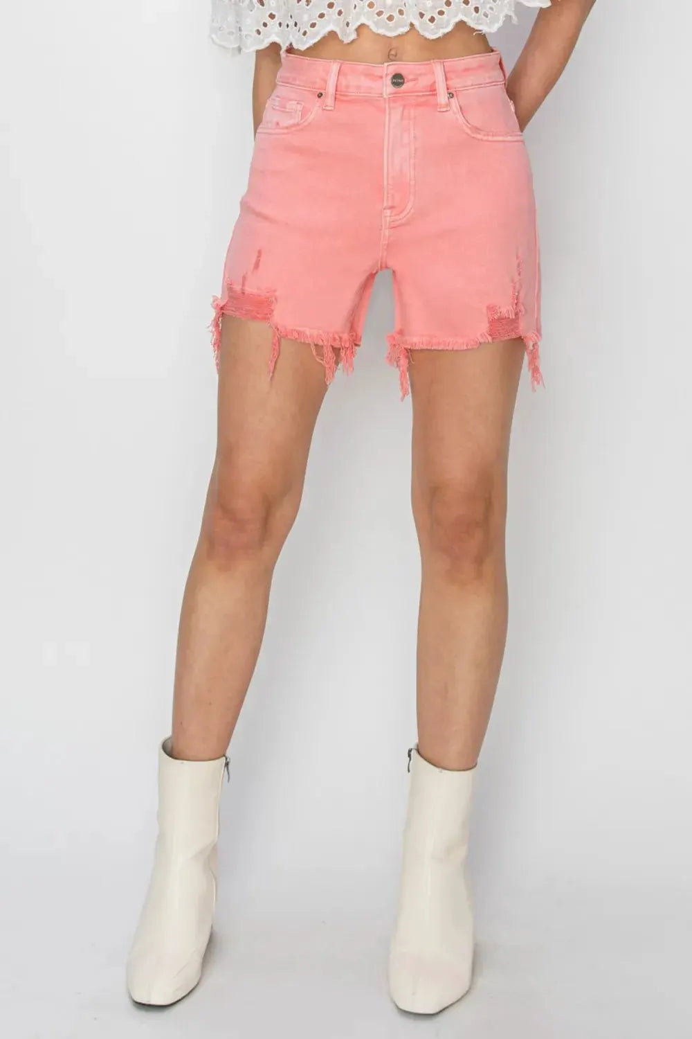 RISEN High Rise Distressed Denim Shorts by RISEN