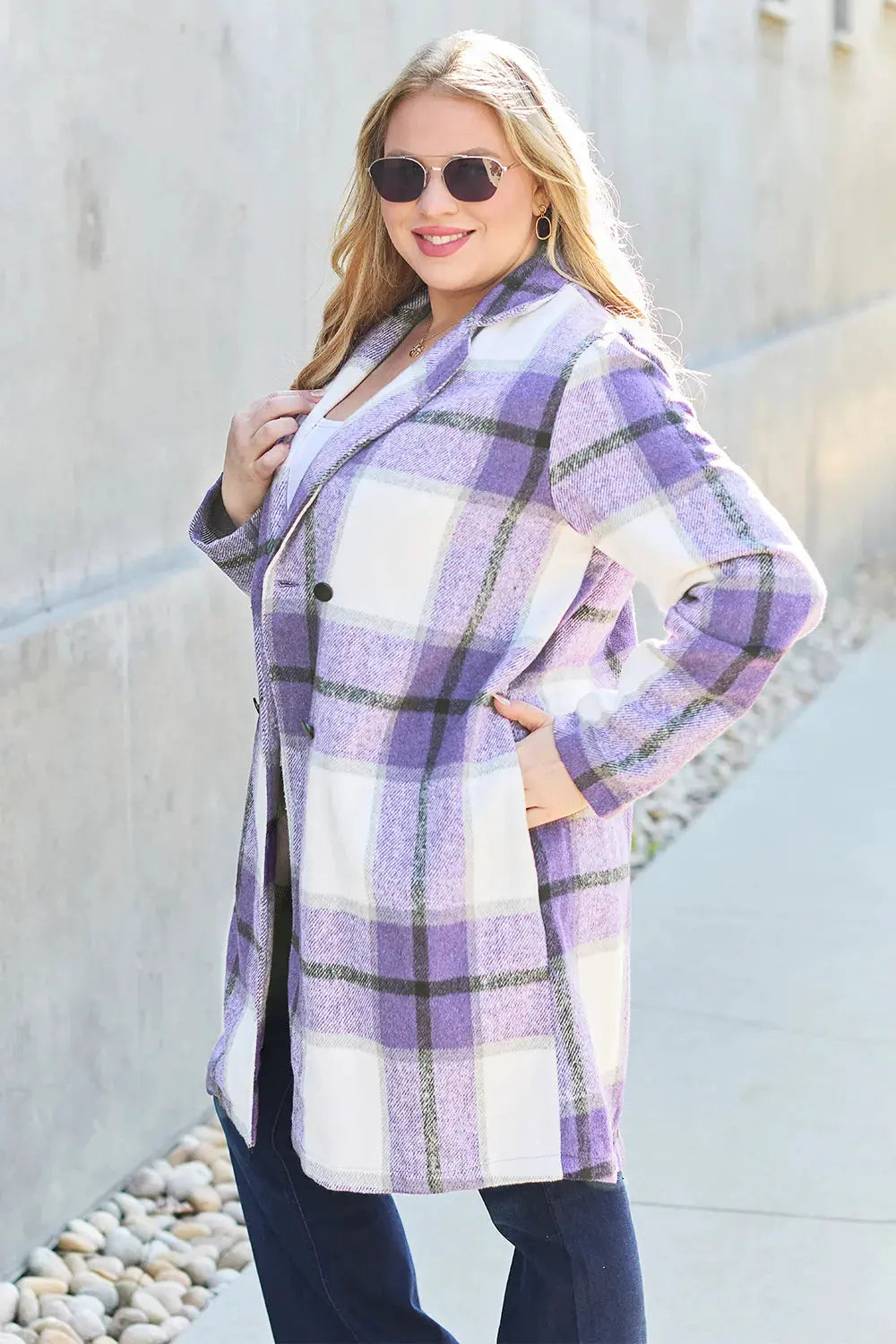 Double Take Full Size Plaid Button Up Lapel Collar Coat by Double Take