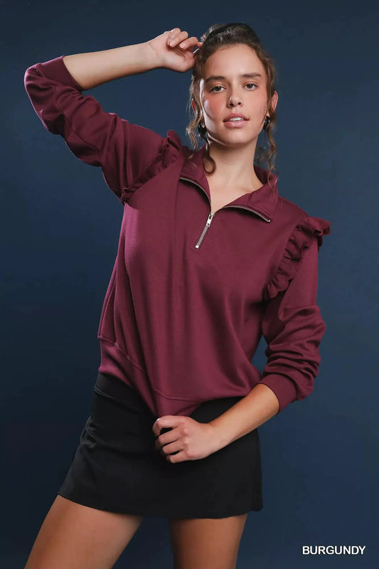 Umgee Luxeknit Ruffle Shoulder Quarter-Zip Sweatshirt by Umgee