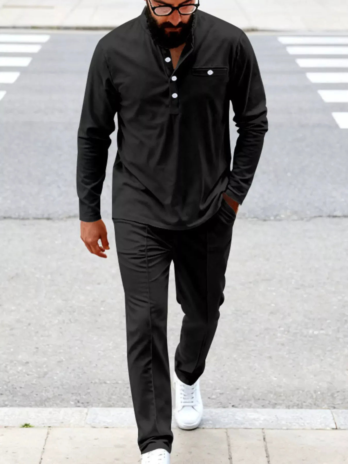 Men's Full Size Casual Long Sleeve Henley Top and Drawstring Joggers Set Plus Size by Trendsi