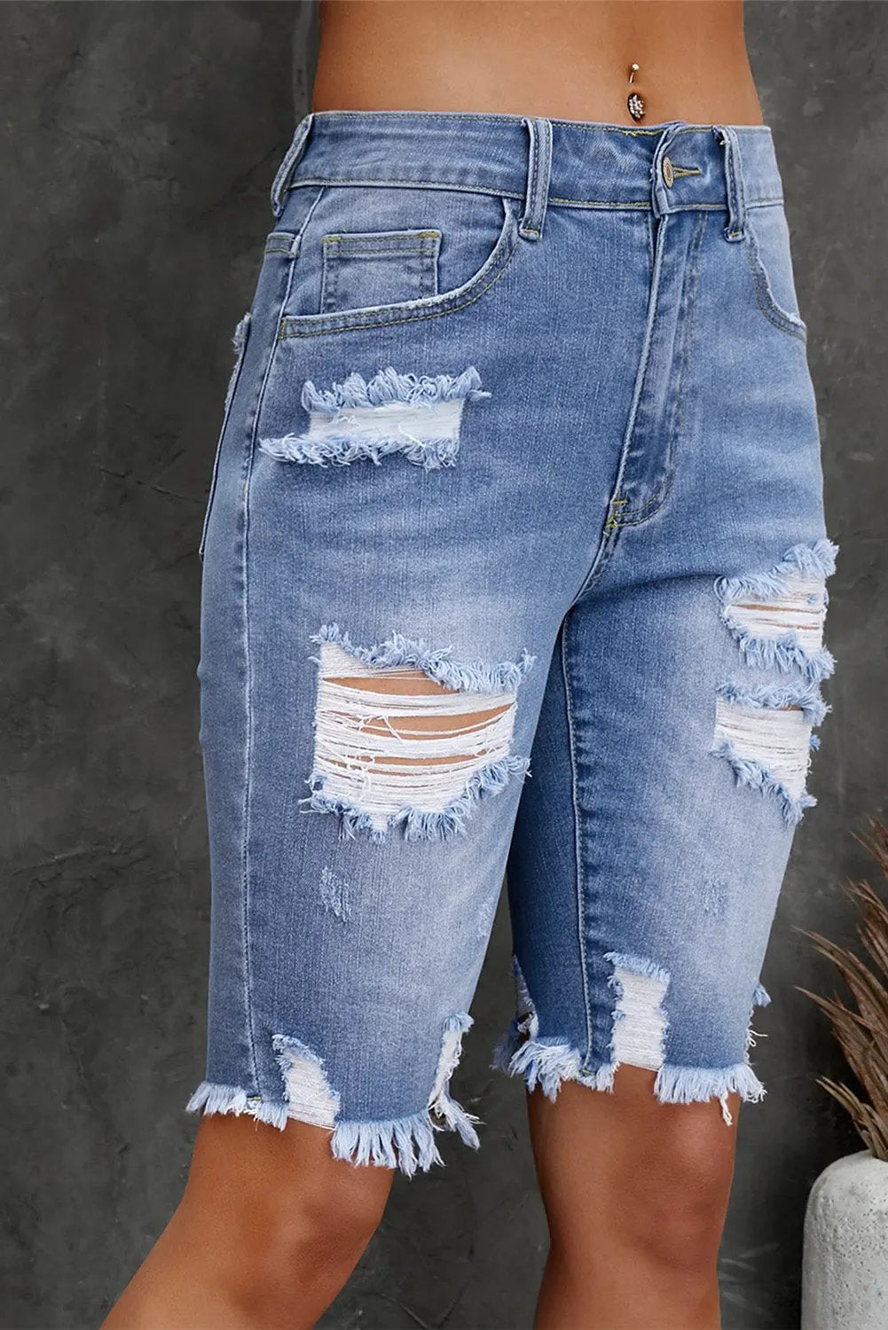 Distressed Frayed Hem Denim Bermuda Shorts by Partner Label