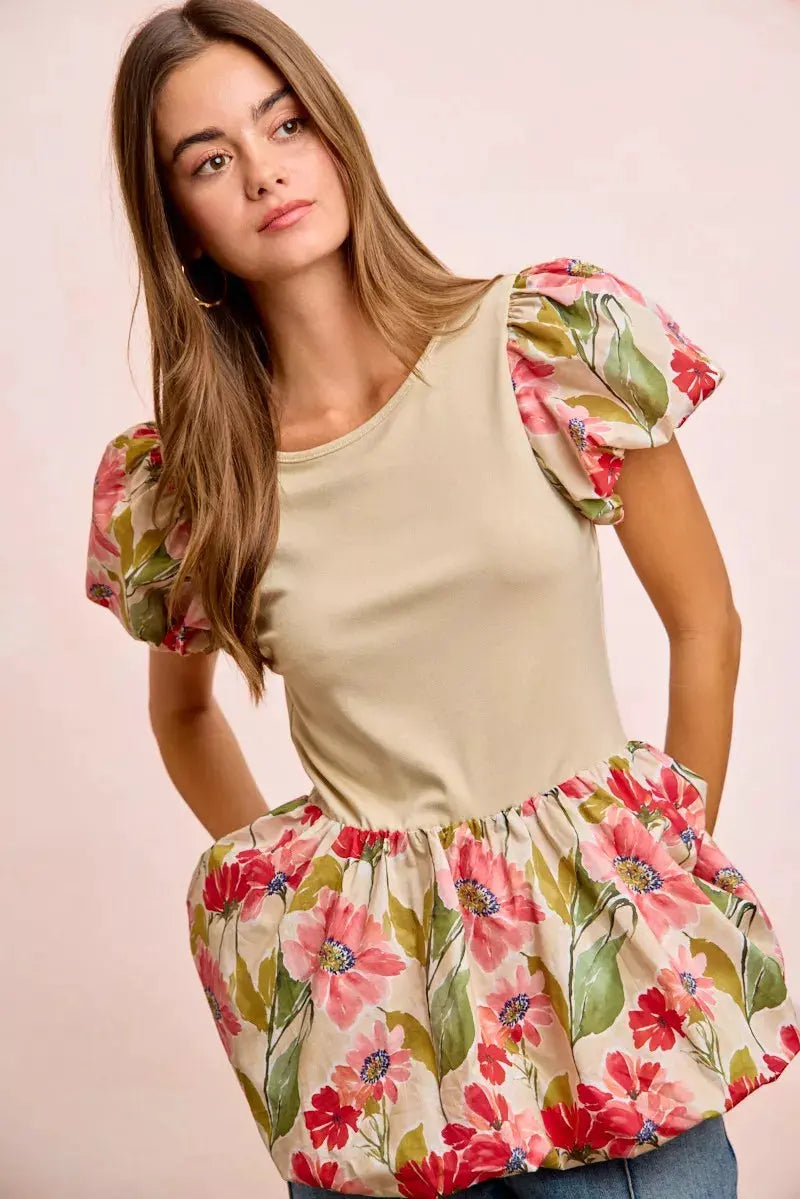 BiBi Floral Printed Bubble Sleeves and Hem Peplum Top by BiBi