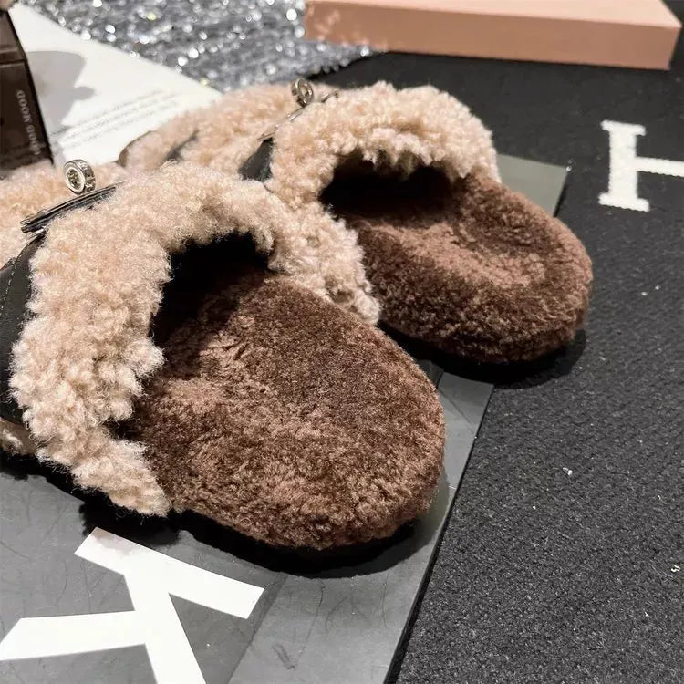 Fuzzy Buckle Accent Plush Slippers by Partnel Label