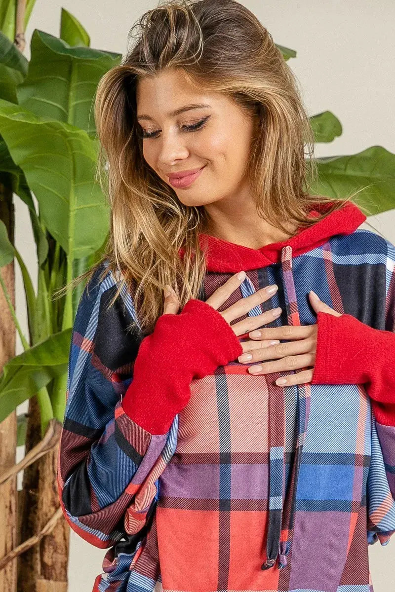 BiBi Plaid Mirr Brushed Rib Contrast Thumb Open Hoodie by BiBi