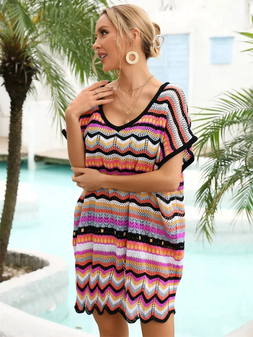 Angel Wings Rainbow Stripe Scalloped V-Neck Cover-Up Dress by Angel Wings