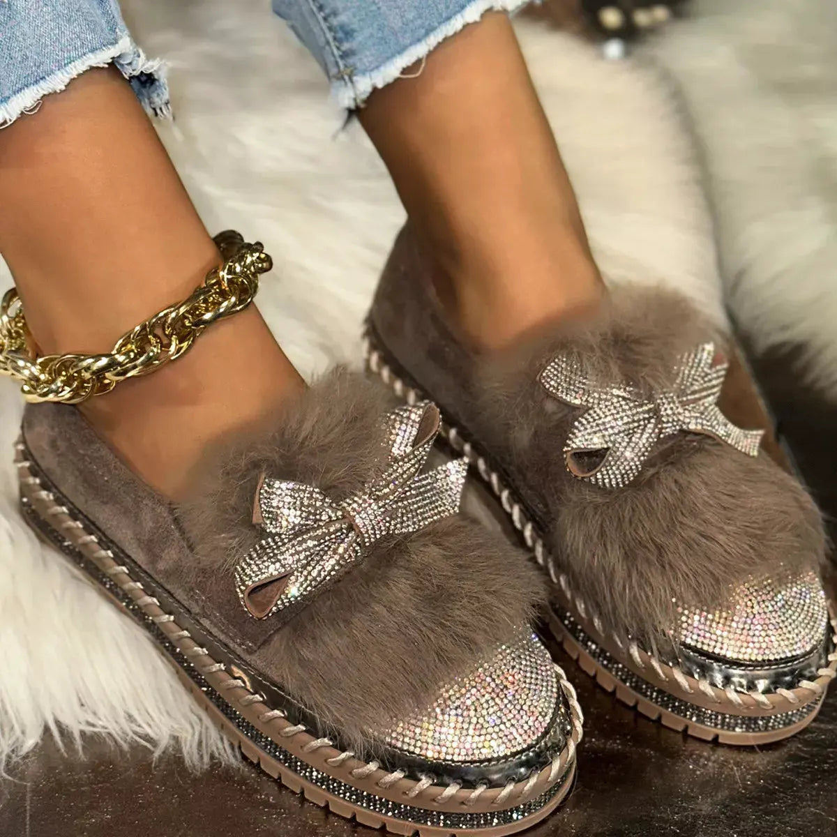Fuzzy Bowknot Rhinestone Platform Loafers by Partner Label
