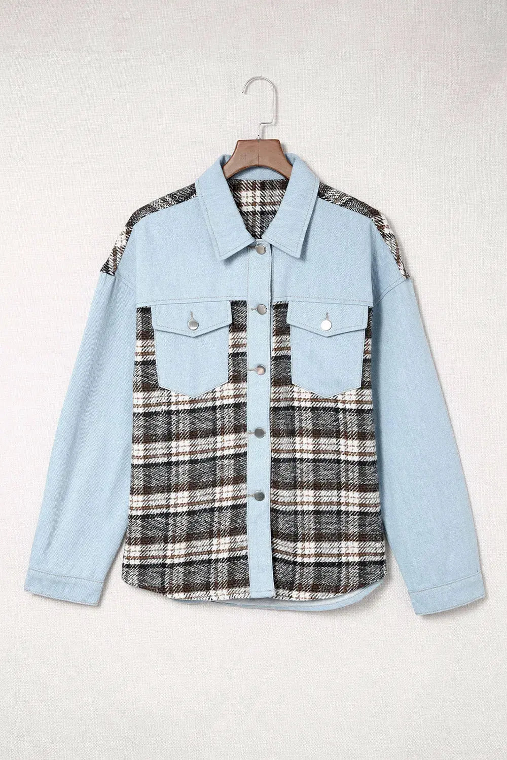 Plaid Pocketed Button Up Denim Jacket by Partner Label